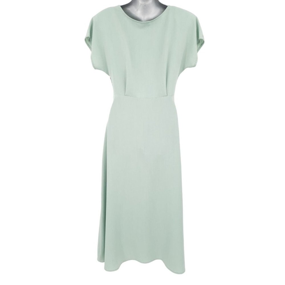 VTG 90s CDC Sage Green Short Sleeve Empire Waist Midi Dress Size 4 Pleated Roses - Picture 4 of 8